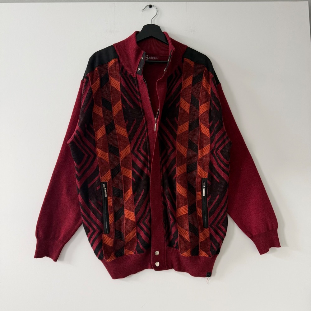 Silversilk Mens XXL Full Zip Geometric Knit Cardigan Sweater Red Elbow Patches